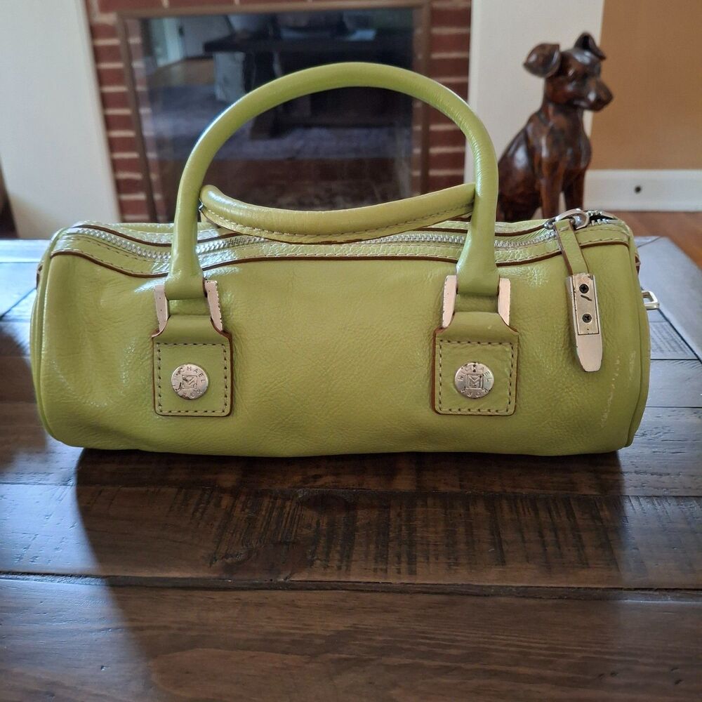 Michael Kors Lime Green Leather Barrel Satchel Handbag Silver Hardware 12"